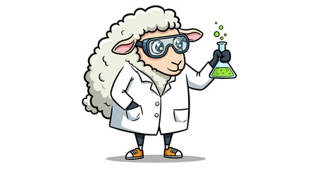 Obraz premium A cartoon sheep scientist in a lab coat and goggles holding a bubbling chemical flask. A whimsical mascot for science and research.