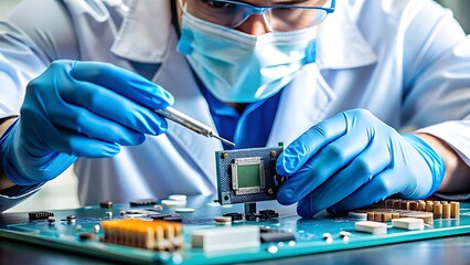 Engineer in lab coat repairing computer circuit board with precision tool