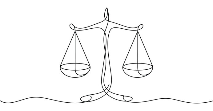 continuous single line drawing of a classic balance scale in minimal black style, symbolizing justice, law, fairness, ethics, and equality