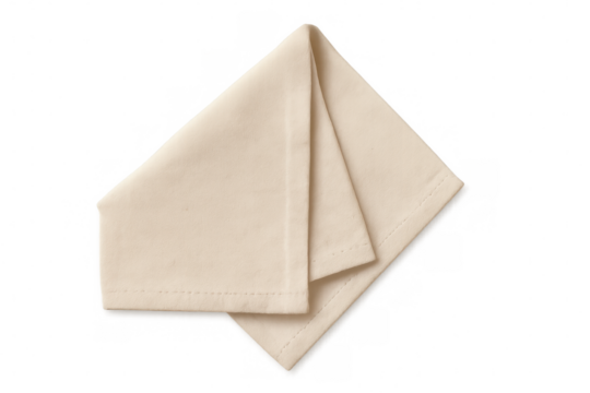 Clean beige napkin folded neatly, isolated on a transparent background, ready for use in dining or hospitality settings