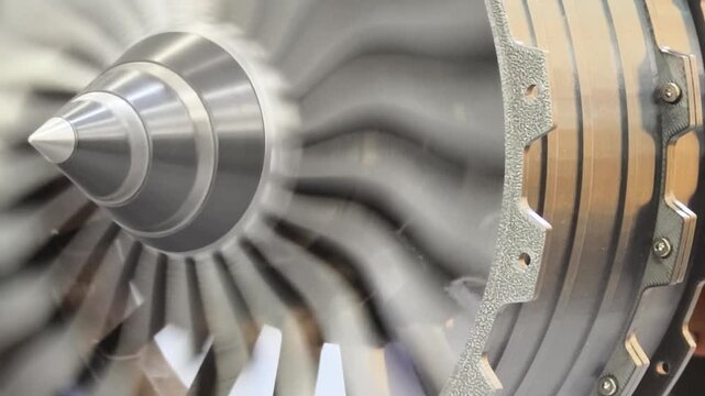 Observation of a jet engine in operation showcasing its complex internal components and powerful rotation