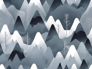 Mountainous Serenity: An abstract, stylized landscape with undulating mountains and delicate trees creates a sense of calm and natural beauty.