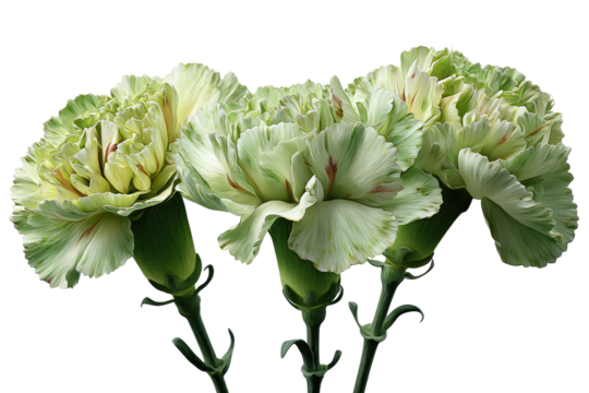 Close-up of three light green carnations with variegated edges