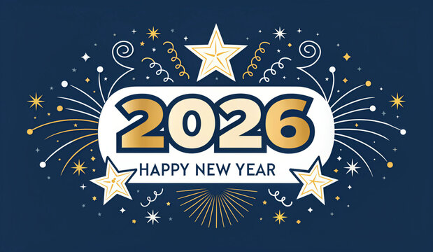 A festive digital graphic featuring the year 2026 in large, bold, yellow text, surrounded by colorful fireworks and stars. The words Happy New Year are displayed in smaller text below the year, all se