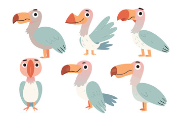 Cartoon Dodo Birds: a set of charming cartoon illustrations of dodo birds, a light blue body with a prominent orange beak and a friendly expression, ideal for children's content.