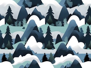 Majestic Mountain Panorama: An artistic illustration of a majestic mountain range, showcasing a serene landscape dotted with lush forests and rolling hills in a calming, monochromatic color palette. 