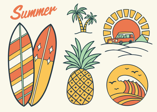 Colorful Retro Tropical Summer Icons Collection: Surfboard, Pineapple, Palm Trees Beach Scene, and Vintage Van for Vacation and Travel Designs