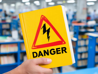 a hand holding a yellow book with a danger sign on it in a store aisle with a blue bookcase in the background