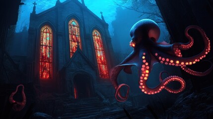 Eerie Octopus Featuring an Old Church with Stained Glass Windows