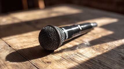 A detailed shot of a black microphone with a metallic finish, placed on a wooden surface, casting soft shadows and reflecting ambient light