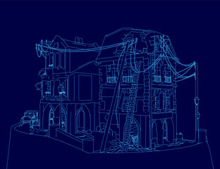 A blueprint of a building under construction features a ladder in front, set against a dark blue background. Construction tools and materials are scattered around, emphasizing the ongoing work.