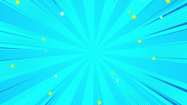 comic zoom lines with stars and dots on blue background animation , sale background with rays, empty motion design element	
