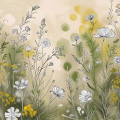 Delicate Wildflower Seamless Pattern – Hand-Drawn Botanical Line Art for Spring & Summer

