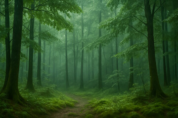 Obraz premium Mystical foggy forest path surrounded by lush greenery