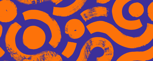 Brush curly lines with dots seamless pattern. Thick s-shaped lines with circles background. Orange and blue messy graffiti sketch wallpaper print, rough hand drawn texture. Vector marker squiggles.