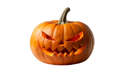 A carved orange pumpkin jack olantern with a sinister face, illuminated from within, isolated on transparent background