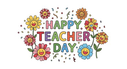 Happy teacher day with colorful flowers and cheerful faces