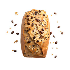 Freshly Baked Loaf of Bread with Scattered Seeds Isolated on White Background