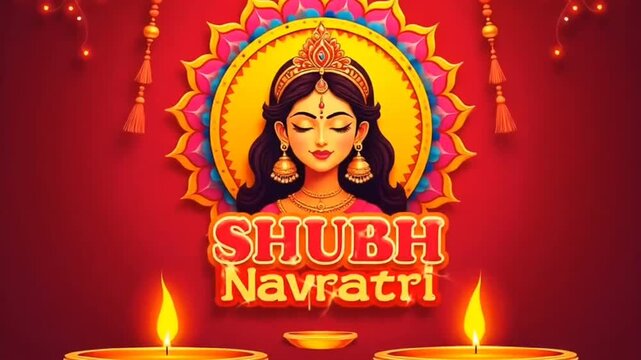 Shubh Navratri(Happy Navratri) banner vector illustration. Goddess Mahadevi, Dandiya sticks and kalash(pitcher pot) on red Indian pattern background.