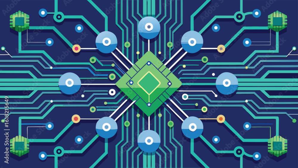 Poster abstract circuit board vector graphic with processors and connections in green and blue tones for mo