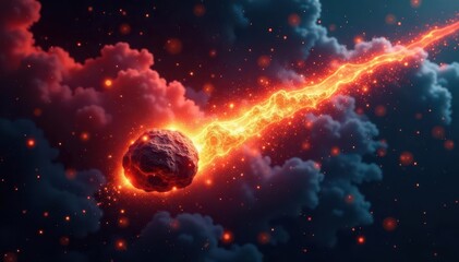Fototapeta premium Glowing meteoroid hurtles through dark space, leaving fiery debris , illustration, glowing
