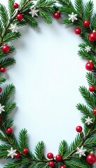 Ornate snowflake fir branch frame for festive card, border, snow