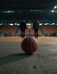 Medium shot of basketball at center court with two players approaching from either side