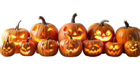 A row of carved halloween pumpkins with glowing faces, isolated on transparent background