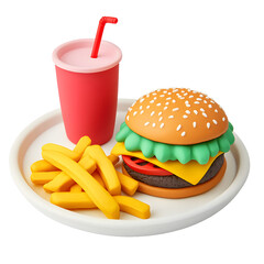 Colorful Modeling Clay Toy Food Plate with Burger and Fries for Creative Projects
