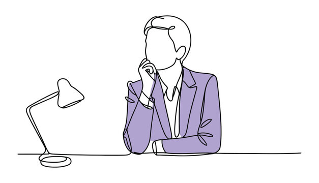 minimalistic line art of thoughtful businessperson in purple suit sitting at desk with lamp, contemplating ideas in modern workspace