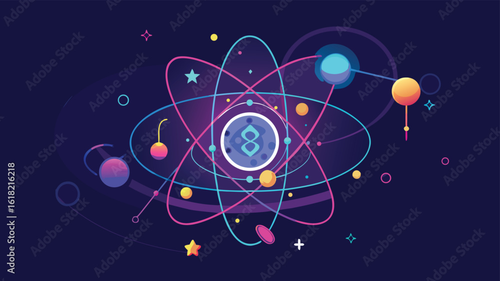 Poster abstract science vector illustration with colorful geometric elements and atom structure on dark bac