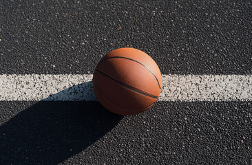 Top-down view of basketball resting on court boundary line with high contrast asphalt and ball texture