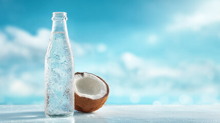 Illustrative shot of water bottle and coconut. Perfect for health blogs, beverage marketing, and summer design.