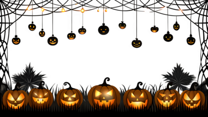 A halloween decorative border featuring carved pumpkins, spiderwebs, and glowing lights on a transparent background