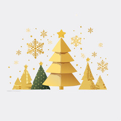 Obraz premium Festive Forest: A collection of golden, and green stylized Christmas trees, adorned with golden stars and snowflakes, embodies the spirit of the winter holiday season. 