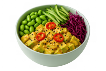 Green ceramic bowl containing fresh poke ingredients - edamame, sliced avocado, cucumber, red cabbage, chili pepper, sprinkled with black sesame seeds, healthy meal on clear background