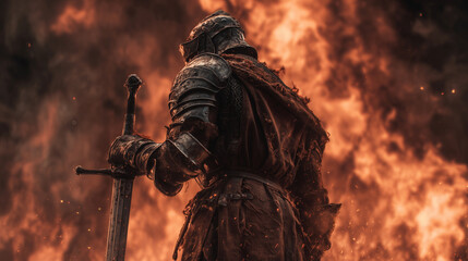 medieval knight in full armor standing in flames with sword &mdash; perfect for fantasy book covers, rpg illustrations, or epic battle posters