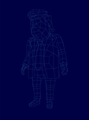 A man in a suit and tie stands confidently against a blue background, rendered in a striking low poly wireframe style. The geometric design gives a modern and digital aesthetic, resembling a 3D model.