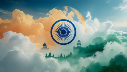 Tricolor Majesty: Indian Flag Inspired Sky with Ashoka Chakra and Landmarks
