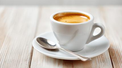Espresso fills white cup. Closeup shot ideal for marketing, web, or design uses. Coffee, drink, caffeine, energy, breakfast, morning, wood table, beverage.