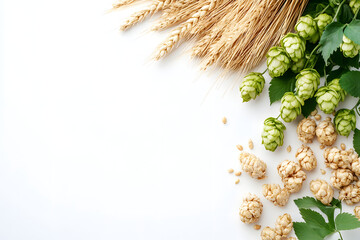 Raw Barley and Hops: Essential Ingredients for Craft Beer Brewing white background