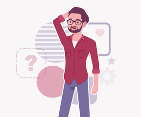 Modern businessman, smart startupper thinking pose. Small business company developer, founder entrepreneur, handsome freelance male vector flat style cartoon illustration, abstract creative background