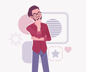 Modern businessman, smart startupper pensive pose. Small business company developer, founder entrepreneur, handsome freelance male vector flat style cartoon illustration, abstract creative background