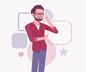 Modern businessman, smart startupper speaker pose. Small business company developer, founder entrepreneur, handsome freelance male vector flat style cartoon illustration, abstract creative background