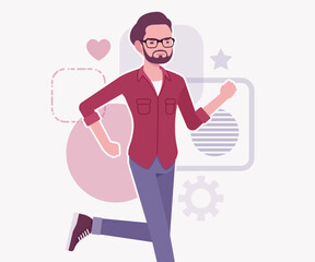 Modern businessman, smart startupper running pose. Small business company developer, founder entrepreneur, handsome freelance male vector flat style cartoon illustration, abstract creative background
