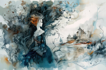 Watercolor fantasy illustration of a mysterious woman in a dark blue dress against the backdrop of a mysterious castle by the lake. 