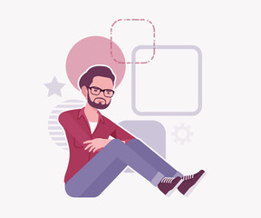 Modern businessman, smart startupper floor sit pose. Small business company developer founder entrepreneur, handsome freelance male vector flat style cartoon illustration, abstract creative background