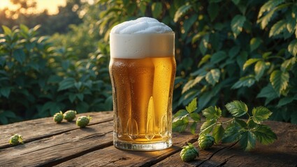 Indulge in the golden hour with a perfectly poured, frosty beer, promising refreshing sips and good times
