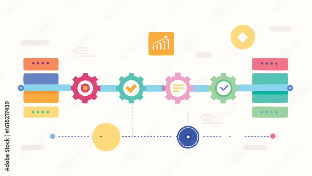 Poster business process automation workflow with colorful gears and stages depicting seamless integration a