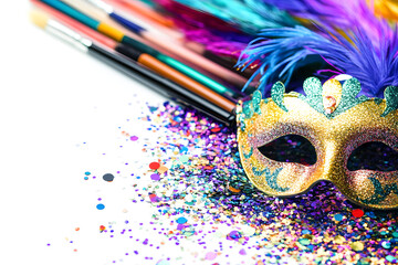 Creative DIY Mardi Gras Mask-Making Table with Glitter and Sequins white background